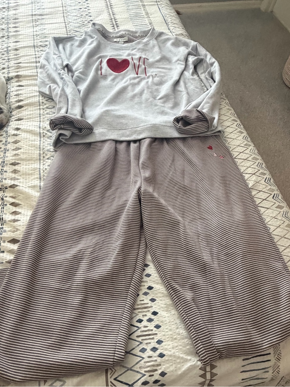 Rae Dunn Gray Pajama Set with Red Heart "LOVE"